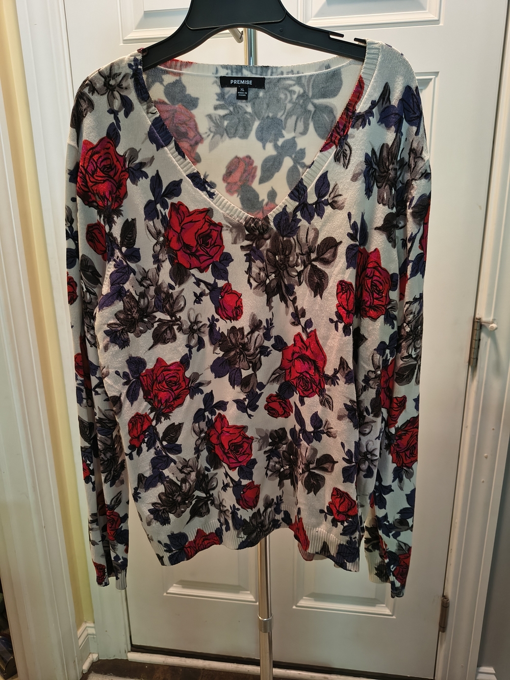 Premise Cream V-Neck Sweater with Red Rose & Charcoal Floral Print
